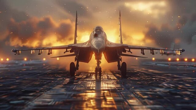a military fighter jet flying over the clouds at sunset