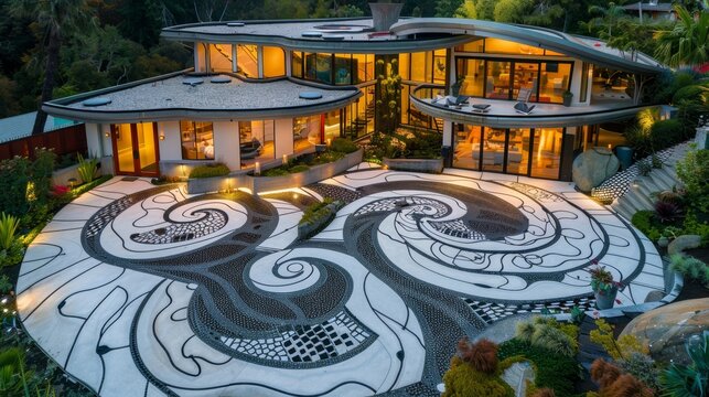 Kinetic Art of A home with a driveway and an atrium featuring designer furniture,Zentangle inspired patterns