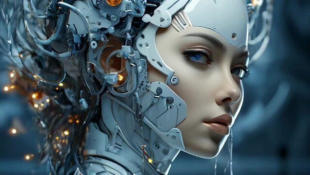 close up view of futuristic female robot looking at camera in neon light