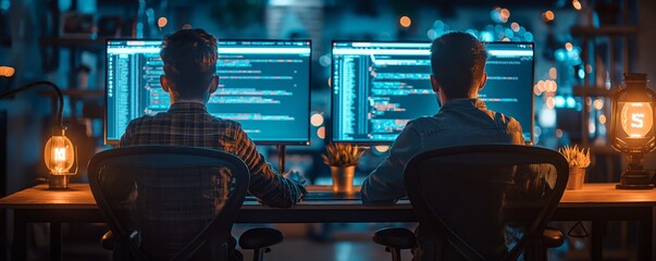 Programmers working in a cozy tech office