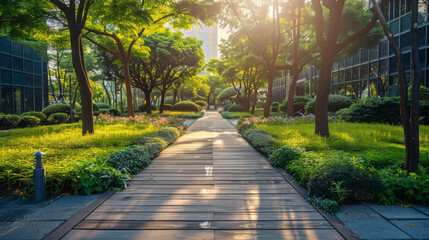 A tranquil urban park pathway bathed in sunlight, surrounded by lush green trees and manicured bushes on a summer day.