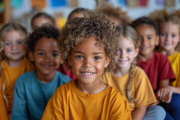 Happy Multiethnic Children Playing in Kindergarten, Focus on Black Girl with Curly Hair