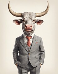 A bull is dressed in a formal outfit with a suit and tie