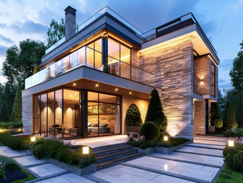 3D render ofA modern house with a brick facade and a luxurious home theater.,photo realistic, high resolution photography, photographed in the style Photography