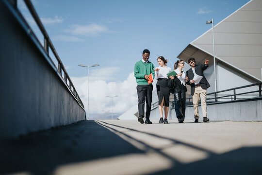 Diverse group of business professionals strategizing and discussing growth, sales, and marketing concepts outdoors for company expansion.