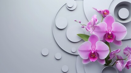 A geometric composition featuring an orchid flower and circles made of various materials, set against a gray background.