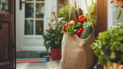 The concept of fresh organic vegetable delivery is depicted with a reusable bio eco sackcloth fabric bag standing near the entrance of a house door. 