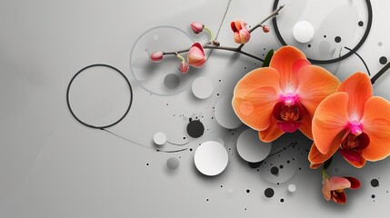 A geometric composition featuring an orchid flower and circles made of various materials, set against a gray background.