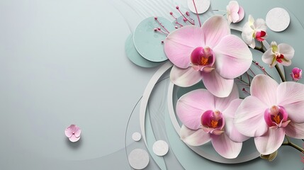 A geometric composition featuring an orchid flower and circles made of various materials, set against a gray background.