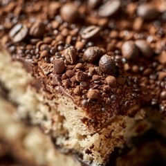 Macro food shot on the texture of coffee Cake. Copy space area for text. Background, banner, template, events card.