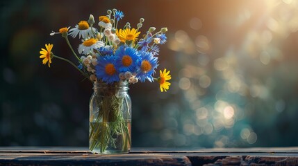 A romantic bouquet of meadow flowers, including chamomiles and cornflowers, arranged in a jar, illuminated by sunlight against a dark background