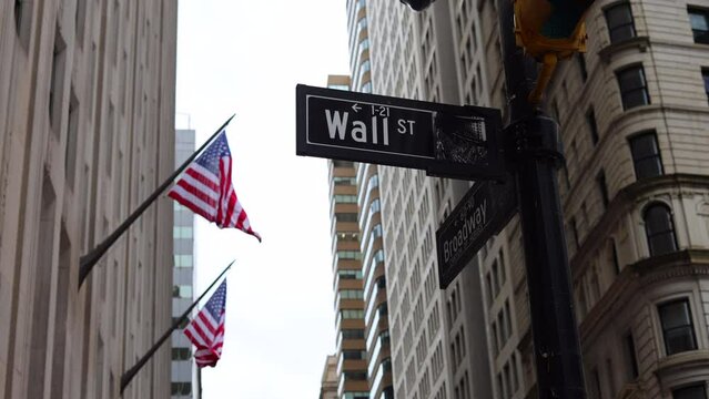 A Wall Street sign with an American flag in the background.