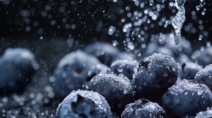 Sugar cascades onto blueberries against a black background, with selective focus capturing the scene.