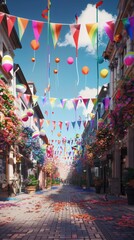 Fototapeta premium 2D Illustrate of A stunning street scene during Pride month, adorned with vibrant decorations and rainbow flags.,3d letters