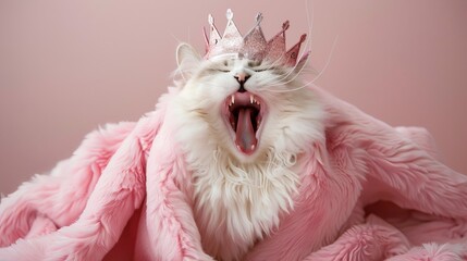 A white ragdoll cat wearing a pink coat and crown, mouth open in a playful expression.