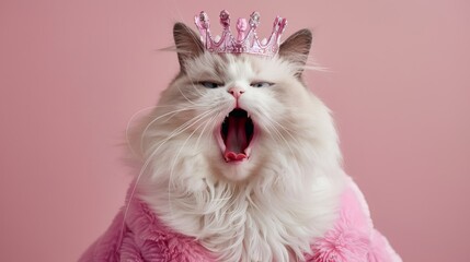 A white ragdoll cat wearing a pink coat and crown, mouth open in a playful expression.