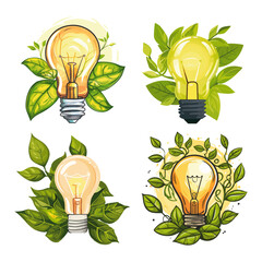 Set of ecology lightbulbs with leaves, light bulb eco energy logo symbol element