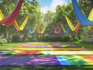 Low Poly Art of A serene, inclusive yoga class in a park with vibrant rainbow mats and flags.,space for text