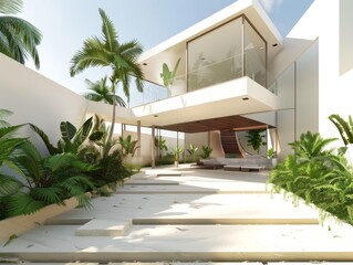 Fototapeta premium 3D render ofA house with luxurious landscaping and a minimalist loft space.,photo realistic, high resolution photography, photographed in the style Photography