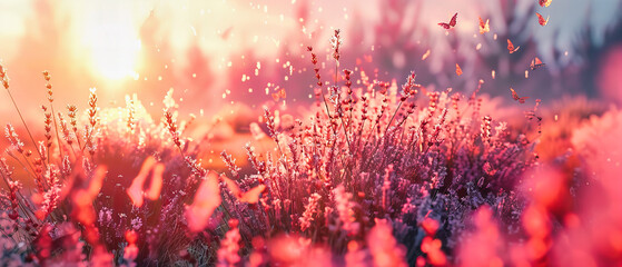 Lavender Field at Sunset, Aromatic Purple Flowers in Full Bloom, Romantic and Colorful Countryside