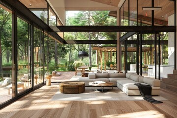 Fototapeta premium 3D render ofA house with a deck and a private retreat with floor-to-ceiling windows.,photo realistic, high resolution photography, photographed in the style Photography