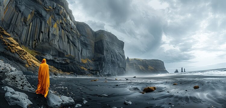 A solitary figure draped in a vibrant yellow cloak standing on a rocky beach - Powered by Adobe