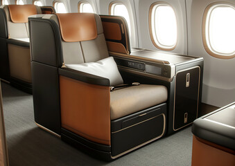 Fototapeta premium Empty leather seat rows on airplane, airline business concept