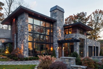 Expressionism of A stone cladding house featuring an art gallery and custom cabinetry.,very realistic