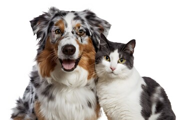 A colorful Australian Shepherd Dog and a white & gray cat bond together harmoniously