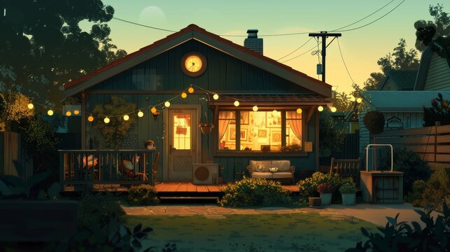 Cartoons of A home with outdoor lighting and a cozy living room.,sunset, on Nikon Z7 35mm lens
