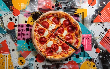 Colorful collage with pepperoni pizza