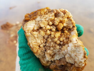 Druse of milky quartz in hand, searching for stones and minerals in a quarry