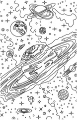 Planets in outer space. Black and white vector illustration for coloring book. © rayannegraff