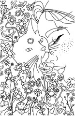 Fototapeta premium Girl with cat and flowers coloring page coloring book illustration