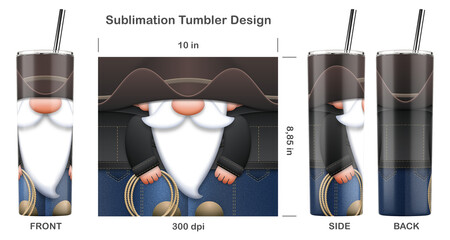 Funny Gnome Cowboy cartoon character. Seamless sublimation template for 20 oz skinny tumbler. Sublimation illustration. Seamless from edge to edge. Full tumbler wrap.