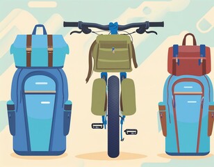 Set of  illustrations of bags for a tourist bike.Kit of bikepacking bags. Touring bike, gravel bike. A saddle bag, a frame bag, a handlebar bag, a bag on the front and rear trunk. Bicycle bottle