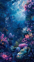 Painting of a sea scene with a fish and coral. . Vertical background 