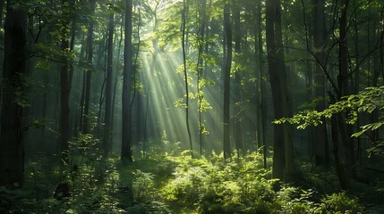 Obraz premium Enchanted Forest Scene with Sunlight Filtering Through Trees for Serene Designs