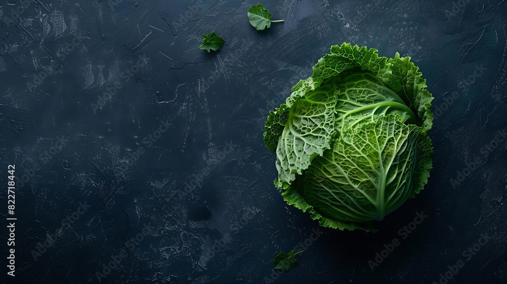 Poster Raw fresh green cabbage texture and background top view over dark background selective focus : Generative AI