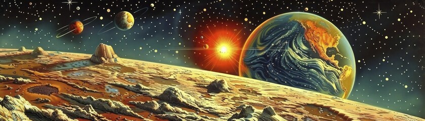 Whimsical minimal style poster of celestial alignment, ideal for science festival marketing.