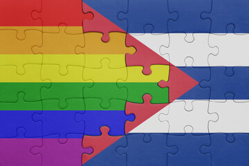 puzzle with the colourful national flag of cuba and rainbow gay pride flag .