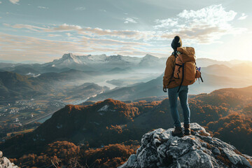 Adventurous hiker standing on top of a mountain looking the horizon