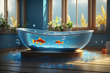 A Bath Tub Sitting On Top Of A Wooden Floor
