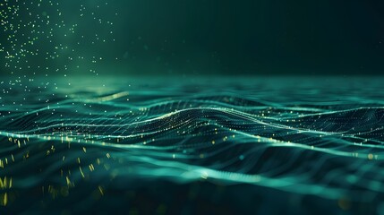 Abstract Low Poly Waves with Glowing Dots in Dark Green