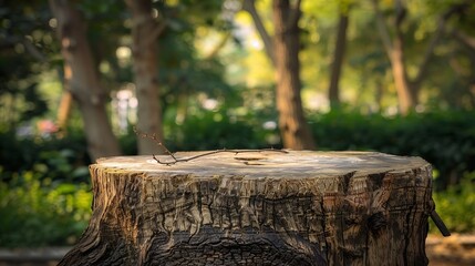 Fototapeta premium Tree trunk stump as a table in a nature garden park on holiday With a drooping tree branch trunk with a smooth surface to show your products trees and sunlight in background : Generative AI