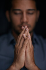 Man, hands and prayer with home, religion and gratitude for spiritual faith and belief. Christian,...