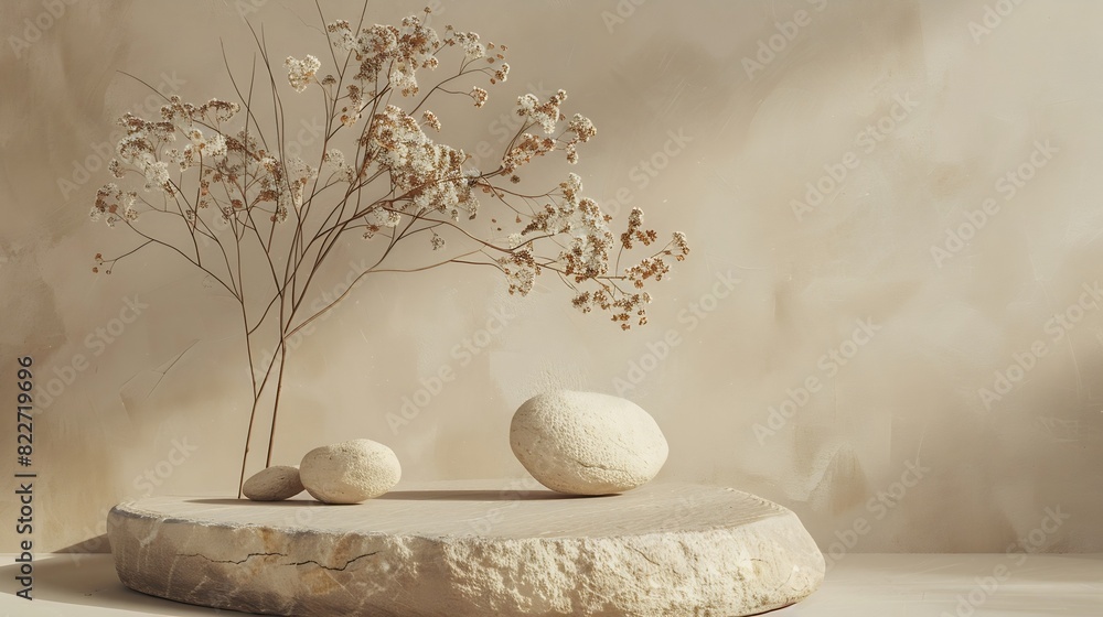 Poster composition empty podium material tree stone dry flowers product presentation background beige green