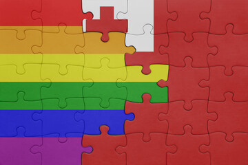 puzzle with the colourful national flag of Tonga and rainbow gay pride flag .