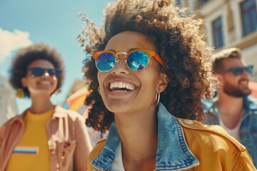 Portrait of a smiling young woman with afro hairstyle and sunglasses on the background of friends