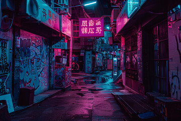 Cyberpunk alleyway with graffiti neon signs and shadow